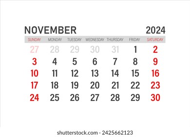 Plantilla de calendario para noviembre de 2024. Diseño para noviembre de 2024 año. Planificador mensual imprimible. Diseño de calendario de escritorio. Comienzo de la semana el domingo