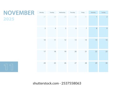 Plantilla del calendario para noviembre de 2025, la semana comienza el lunes. El calendario está en un esquema de color azul. Ilustración vectorial.