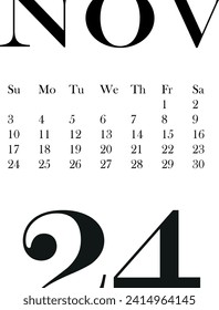 calendar template for November month 2024 without background, for use in notebooks and organizers or printing, vector