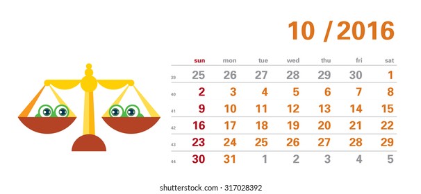 Calendar template - october 2016 - cartoon libra, sign of zodiac (weeks start sunday, numbers of weeks) 