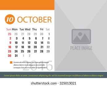 Calendar template of October 2016,vector illustration