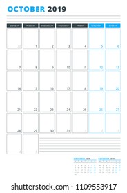 Calendar Template for October 2019. Business Planner Template. Stationery Design. Week starts on Monday. Portrait orientation. Vector Illustration