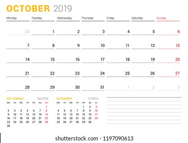 Calendar template for October 2019. Business planner. Stationery design. Week starts on Monday. 2 Months on the page. Vector illustration