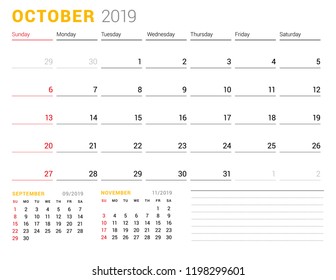Calendar template for October 2019. Business planner. Stationery design. Week starts on Sunday. 2 Months on the page. Vector illustration