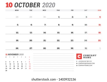 Calendar template for October 2020. Business planner. Stationery design. Week starts on Monday. 2 Months on the page. Vector illustration