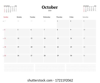 Calendar template for October 2020. Business monthly planner. Stationery design. Week starts on Sunday. Vector illustration