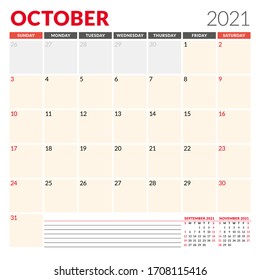 Calendar template for October 2021. Business monthly planner. Stationery design. Week starts on Sunday. Vector illustration