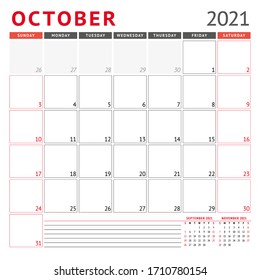 Calendar template for October 2021. Business monthly planner. Stationery design. Week starts on Sunday. Vector illustration