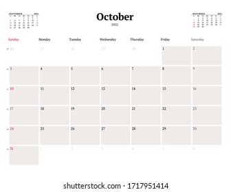 Calendar template for October 2021. Business monthly planner. Stationery design. Week starts on Sunday. Vector illustration