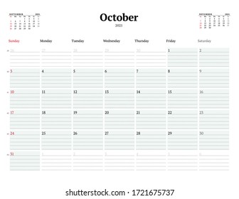 Calendar template for October 2021. Business monthly planner with dotted lines for notes. Stationery design. Week starts on Sunday. Vector illustration