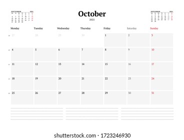Calendar template for October 2021. Business monthly planner. Stationery design. Week starts on Monday. Vector illustration