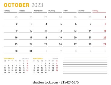 Calendar template for October 2023. Business monthly planner. Stationery design. Week starts on Monday. Vector illustration
