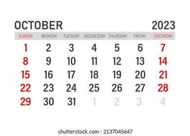 Calendar template for october 2023. Layout for october 2023 year. Printable monthly planner. Desk calendar design. Start of the week on Sunday.