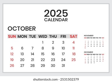 Calendar template for October 2025. Week starts from Monday. Business and personals planer Vector illustration