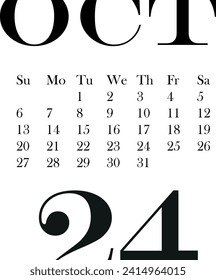 calendar template for October month 2024 without background, for use in notebooks and organizers, vector