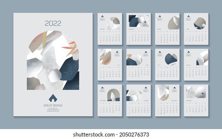 Calendar template, promotional corporate vector design with abstract shapes, 2022 