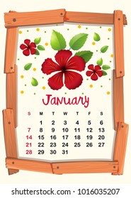 Calendar template with red hibiscus for January illustration