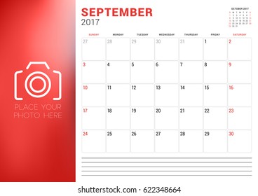 Calendar Template for September 2017. Week Starts Sunday. Place for Photo. Stationery Design. Vector Illustration