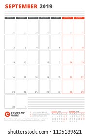Calendar Template for September 2019. Business Planner Template. Stationery Design. Week starts on Monday. Portrait orientation. Vector Illustration