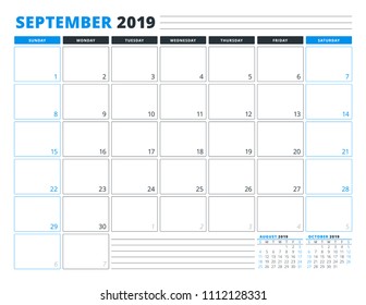 Calendar Template for September 2019. Business Planner Template. Stationery Design. Week starts on Sunday. Landscape orientation. Vector Illustration