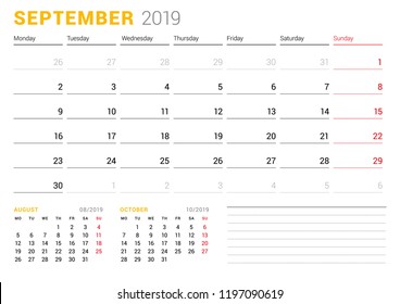Calendar template for September 2019. Business planner. Stationery design. Week starts on Monday. 2 Months on the page. Vector illustration