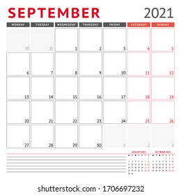Calendar template for September 2021. Business monthly planner. Stationery design. Week starts on Monday. Vector illustration