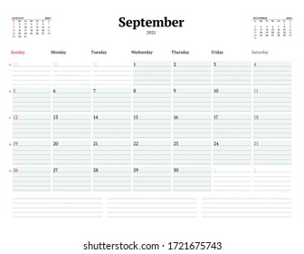 Calendar template for September 2021. Business monthly planner with dotted lines for notes. Stationery design. Week starts on Sunday. Vector illustration