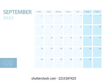 Calendar template for the September 2023, the week starts on Monday. The calendar is in a blue color scheme. Vector illustration.