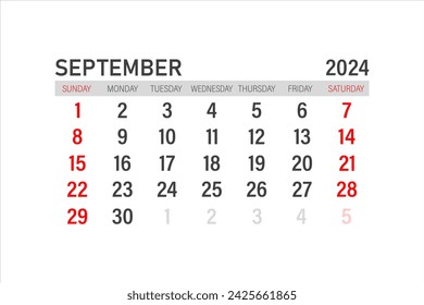 Plantilla de calendario para septiembre de 2024. Diseño para septiembre de 2024. Planificador mensual imprimible. Diseño de calendario de escritorio. Comienzo de la semana el domingo