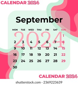 Plantilla De Calendario Septiembre De 2024 Verde Rosa. Diseño de ilustración vectorial.