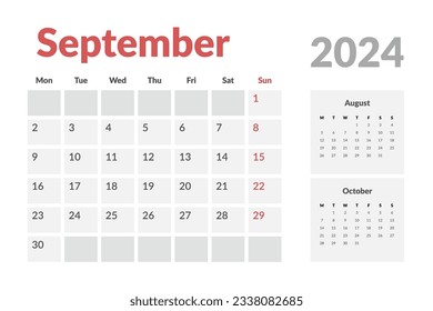 Calendar Template of september 2024. Vector layout simple calendar with week start Monday.