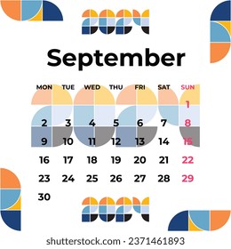 Calendar Template September 2024 Yellow Blue Orange. Simple Minimalist Vector illustration Design.
