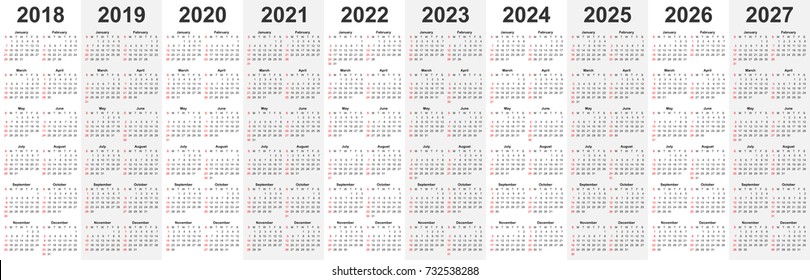 Calendar template set for 2018, 2019, 2020, 2021, 2022, 2023, 2024, 2025, 2026, and 2027 years in one vector file. Business organizer design element for print or applications. Regular intervals.