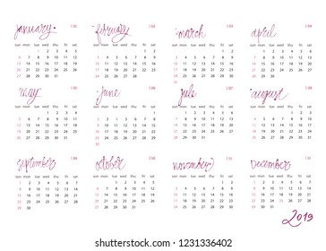 Calendar template set for 2019 year in one vector file. Business organizer design element for print or applications. Regular intervals.