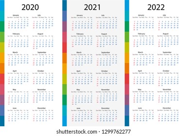 Calendar template set for 2020, 2021, 2022 years. Week starts on Monday