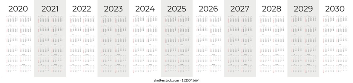 Calendar template set for 2020, 2021, 2022, 2023, 2024, 2025, 2026, 2027, 2028, 2029 and 2030 years. Week starts on Monday. Simple editable vertical vector calender svg