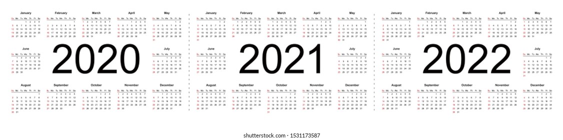 Calendar template set for 2020, 2021 and 2022 years in one vector file. Week starts from Sunday. Isolated vector illustration on white background.