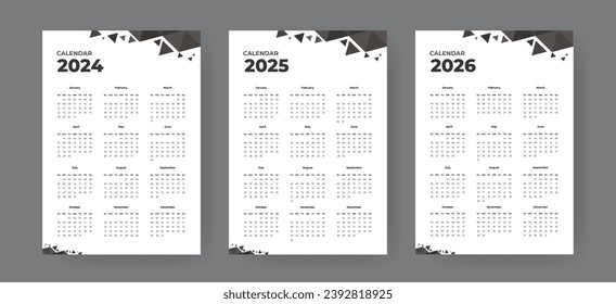 calendar template set for 2024, 2025, 2026 week start Sunday corporate design planner template. wall calendar design