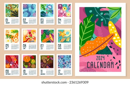 Conjunto de plantillas de calendario. Afiches florales coloridos con invierno y primavera, verano y otoño, fechas y meses, estaciones de año y días. Colección vectorial plana de dibujos animados aislada en fondo blanco