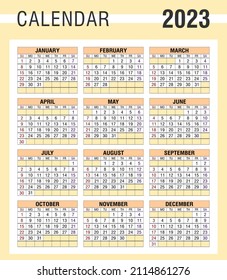 Calendar template in simple style. The calendar grid of 2023. The week starts on Sunday. Calendar design. Vector illustration. Quarterly calendar, planner