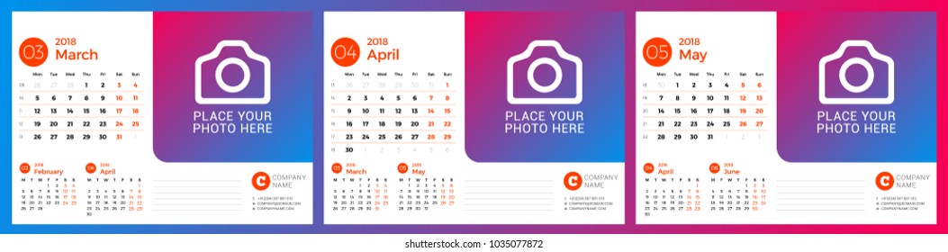 Calendar template for spring 2018. March, April, May. Design print vector template