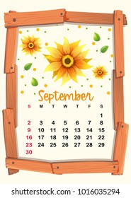 Calendar template with sunflower for September illustration