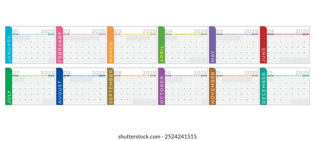 Calendar template vector for year 2025. month from january to december