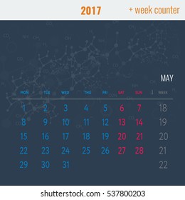 Calendar template with week counter for 2017 May with Abstract medical background, medical substance and dna molecules. Vector Illustration.