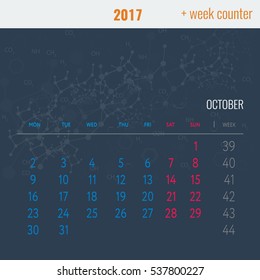 Calendar template with week counter for 2017 October with Abstract medical background, medical substance and dna molecules. Vector Illustration.