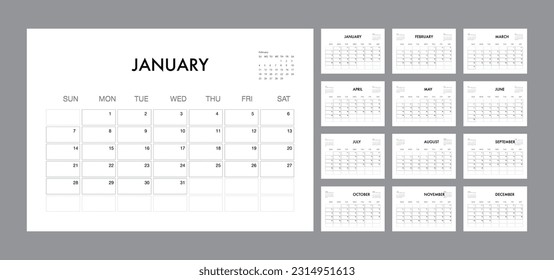 Calendar template white for 2024 year. Planner vector in a minimalist style white color. Corporate and business calendar template. Calendar white background 2024. Week start on Sunday