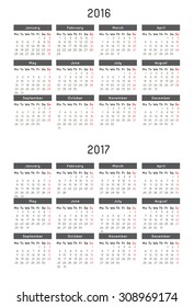 calendar template of year 2016 and 2017