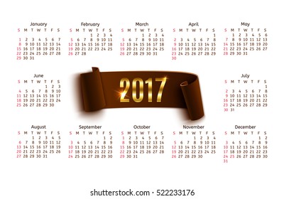 Calendar template for a year 2017 with brown paper banner. Vector illustration.