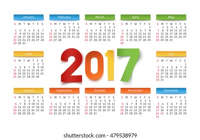 Calendar template for a year 2017 isolated on white background. Vector illustration.