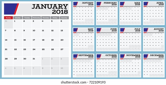 calendar template for year 2018, set of 12 months, week starts on Sunday, printable calendar templates